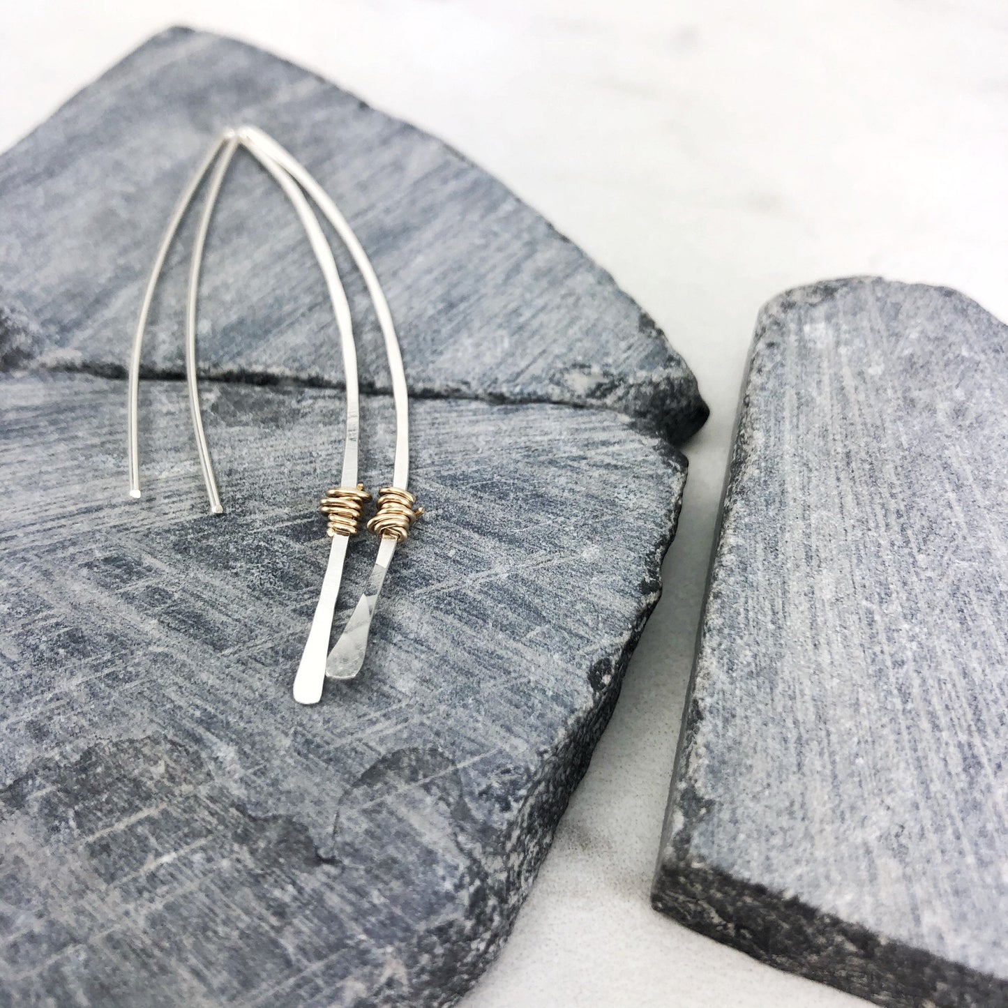 Hammered Sterling Silver and Gold Threader Earrings | Arc Earrings | Open Hoops | Delicate Earrings | Dainty Open Hoops | Pull Through Earrings