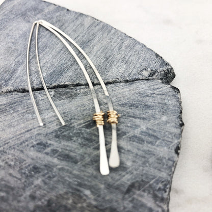 Hammered Sterling Silver and Gold Threader Earrings | Arc Earrings | Open Hoops | Delicate Earrings | Dainty Open Hoops | Pull Through Earrings