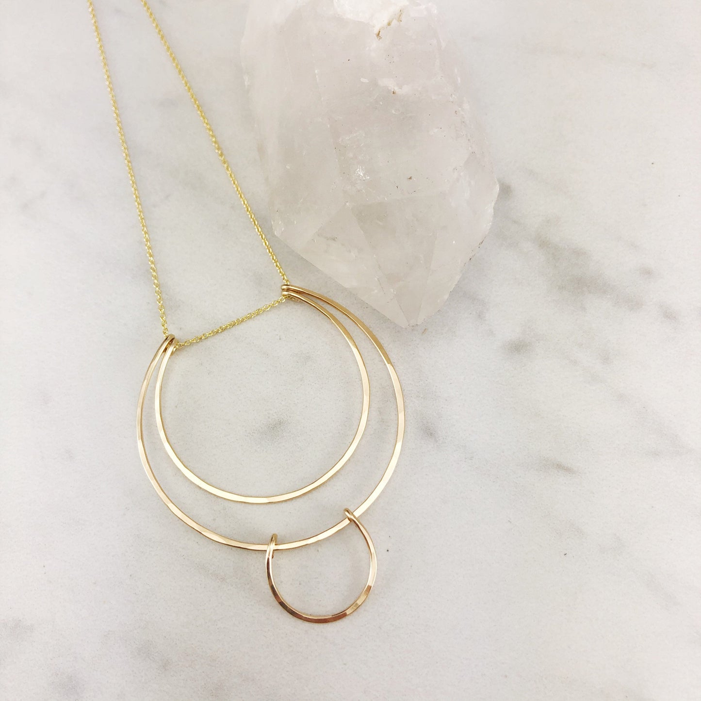 Geometric Gold Halo Necklace | Gold Hoop Necklace | Boho Necklace | Hammered Pendant | 14 K Gold Filled