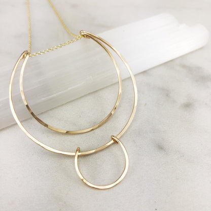 Geometric Gold Halo Necklace | Gold Hoop Necklace | Boho Necklace | Hammered Pendant | 14 K Gold Filled