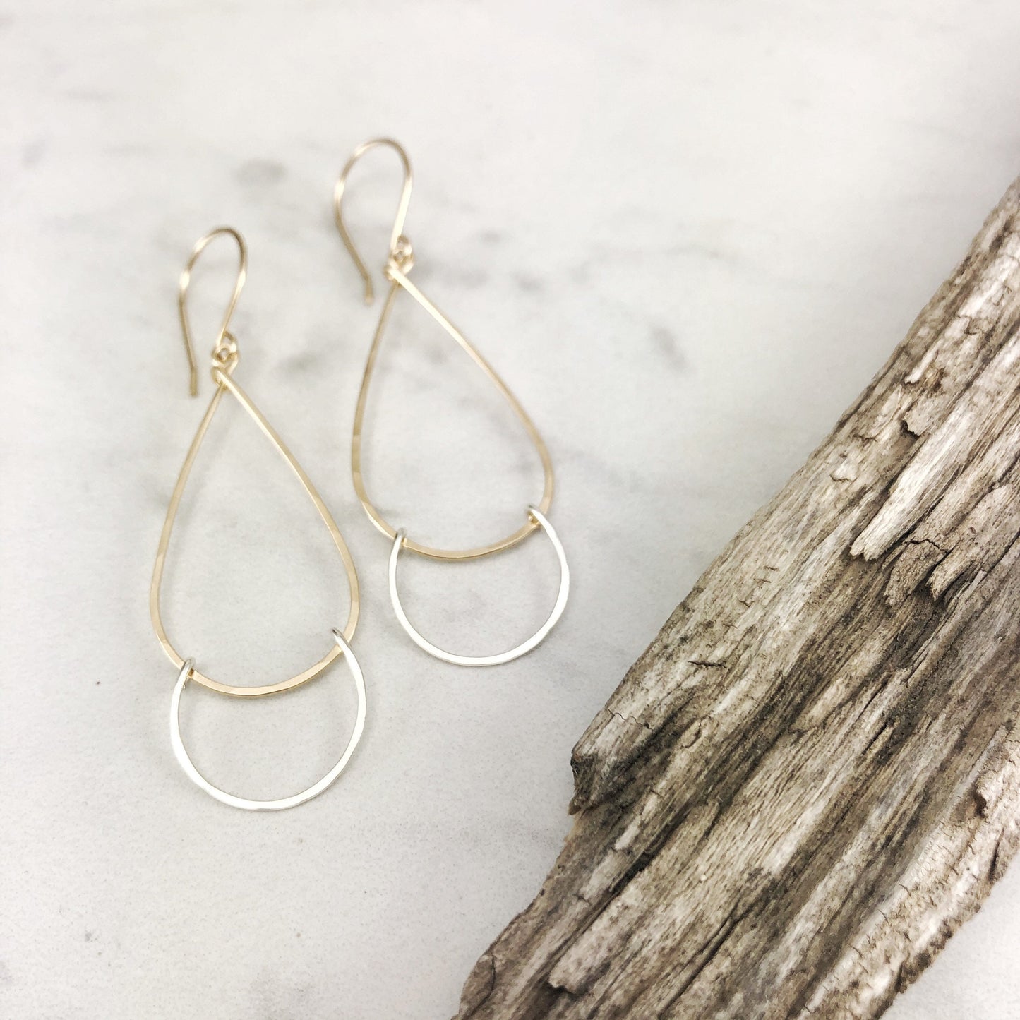 Hammered Gold and Silver Teardrop Earrings | Open Teardrop Earrings | Silver and Gold Teardrop Earrings | Geometric Earrings | Everyday Earrings