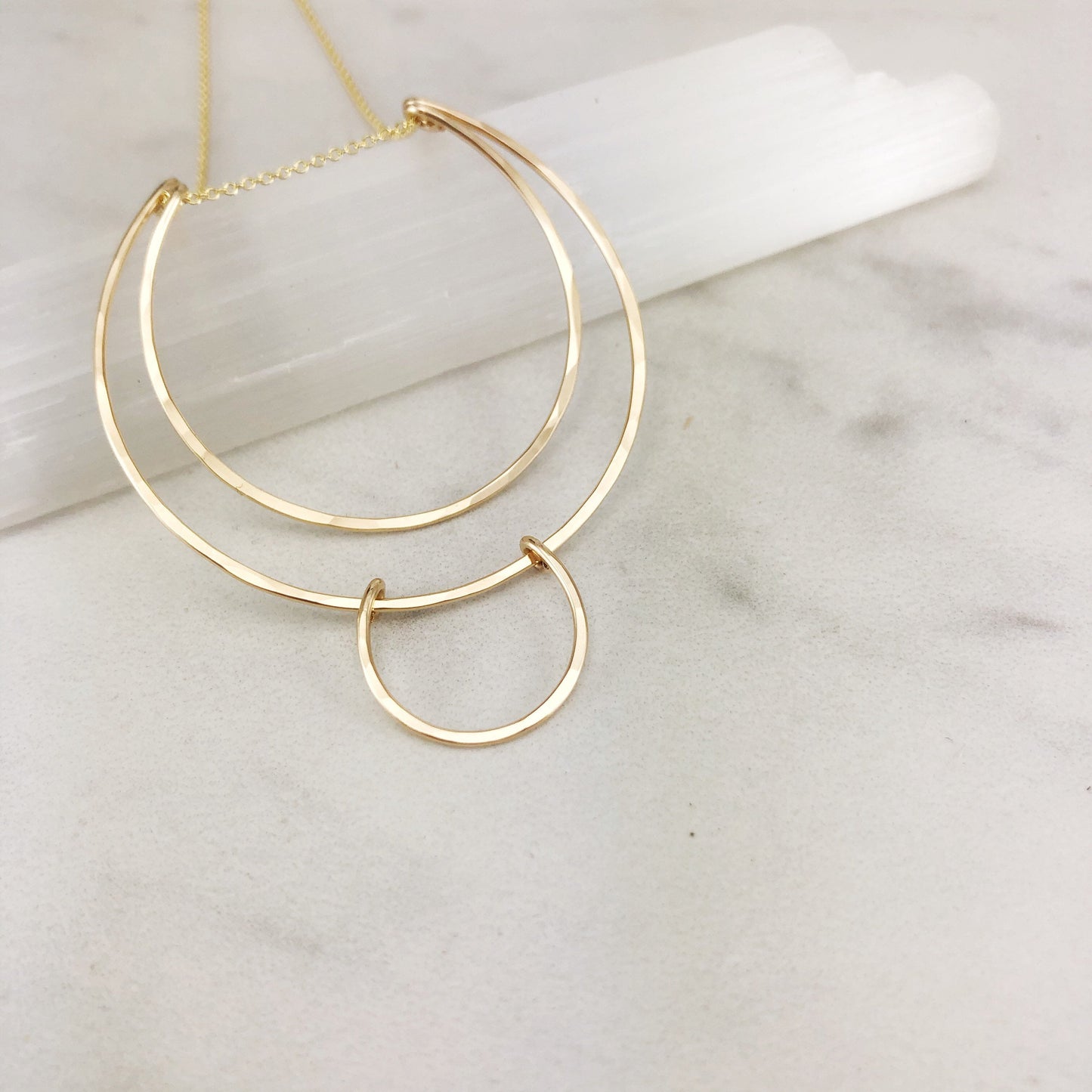 Geometric Gold Halo Necklace | Gold Hoop Necklace | Boho Necklace | Hammered Pendant | 14 K Gold Filled