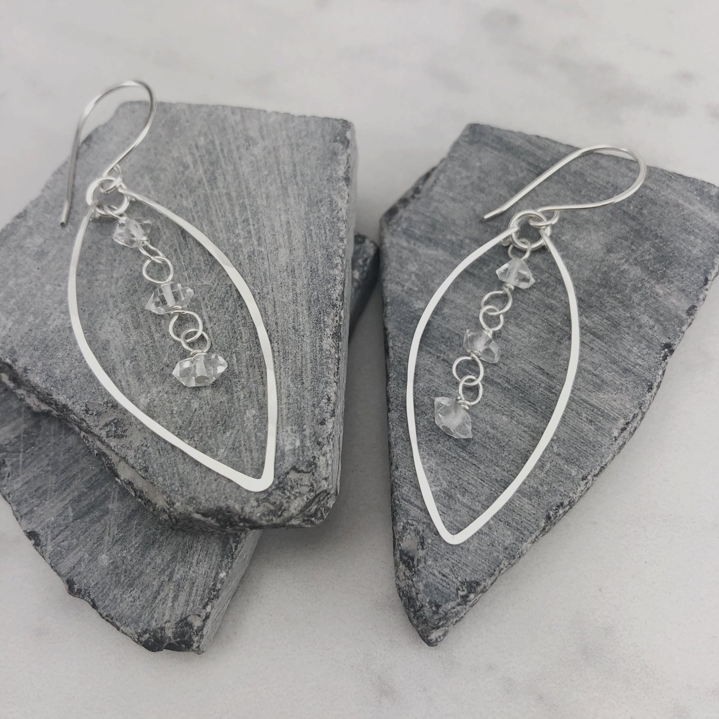 Silver Herkimer Diamonds Leaf Earrings  | Leaf Earrings | Hammered Hoops | Botanical Jewelry | Nature Earrings | Lightweight Earrings | Open Leaf | Marquise Earrings | Birthstone Earrings | April Birthstone | Diamond Earrings