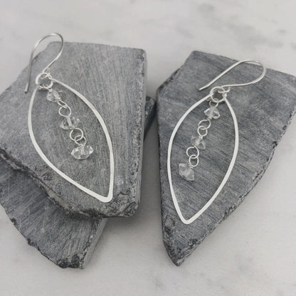 Silver Herkimer Diamonds Leaf Earrings  | Leaf Earrings | Hammered Hoops | Botanical Jewelry | Nature Earrings | Lightweight Earrings | Open Leaf | Marquise Earrings | Birthstone Earrings | April Birthstone | Diamond Earrings