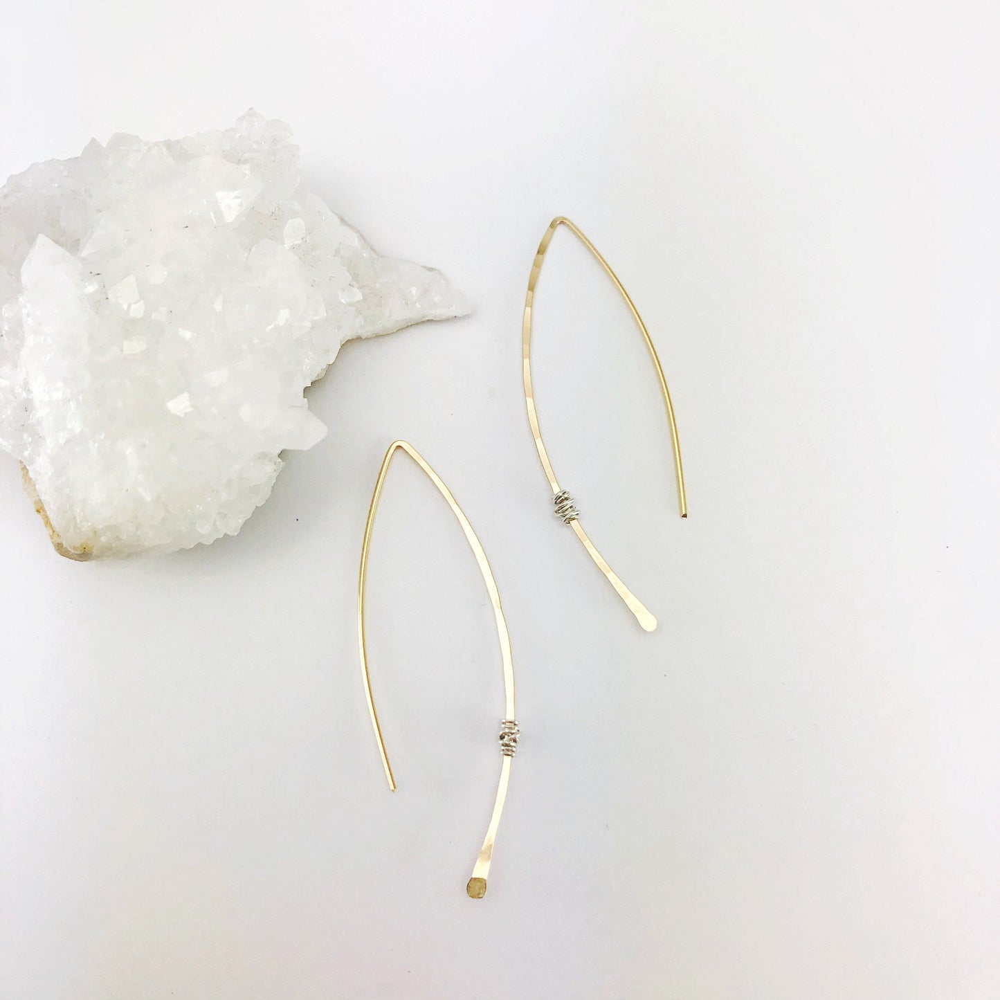 Hammered Gold and Sterling Silver Threader Earring | Arc Earrings | Open Hoops | Delicate Earrings | Dainty Open Hoops | Pull Through Earrings