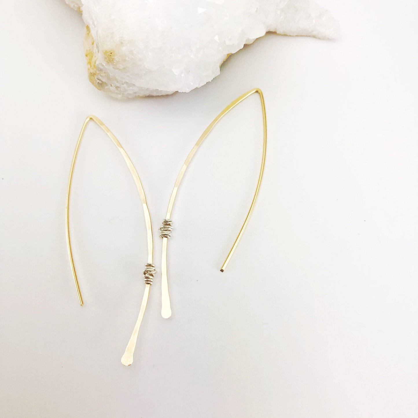 Hammered Gold and Sterling Silver Threader Earring | Arc Earrings | Open Hoops | Delicate Earrings | Dainty Open Hoops | Pull Through Earrings