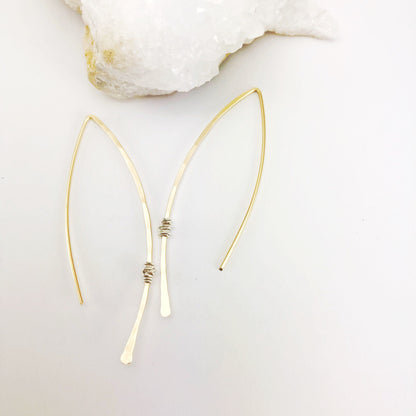 Hammered Gold and Sterling Silver Threader Earring | Arc Earrings | Open Hoops | Delicate Earrings | Dainty Open Hoops | Pull Through Earrings