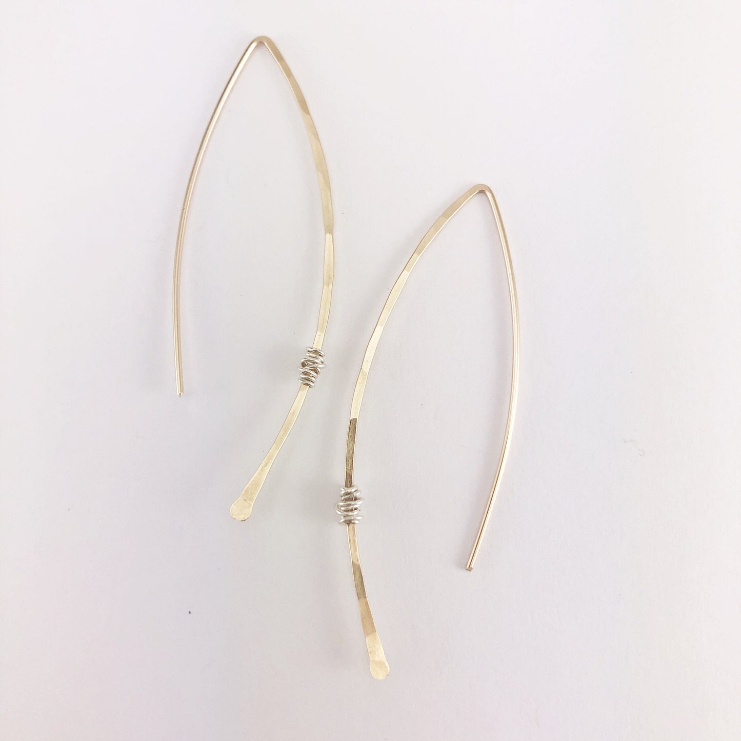 Hammered Gold and Sterling Silver Threader Earring | Arc Earrings | Open Hoops | Delicate Earrings | Dainty Open Hoops | Pull Through Earrings