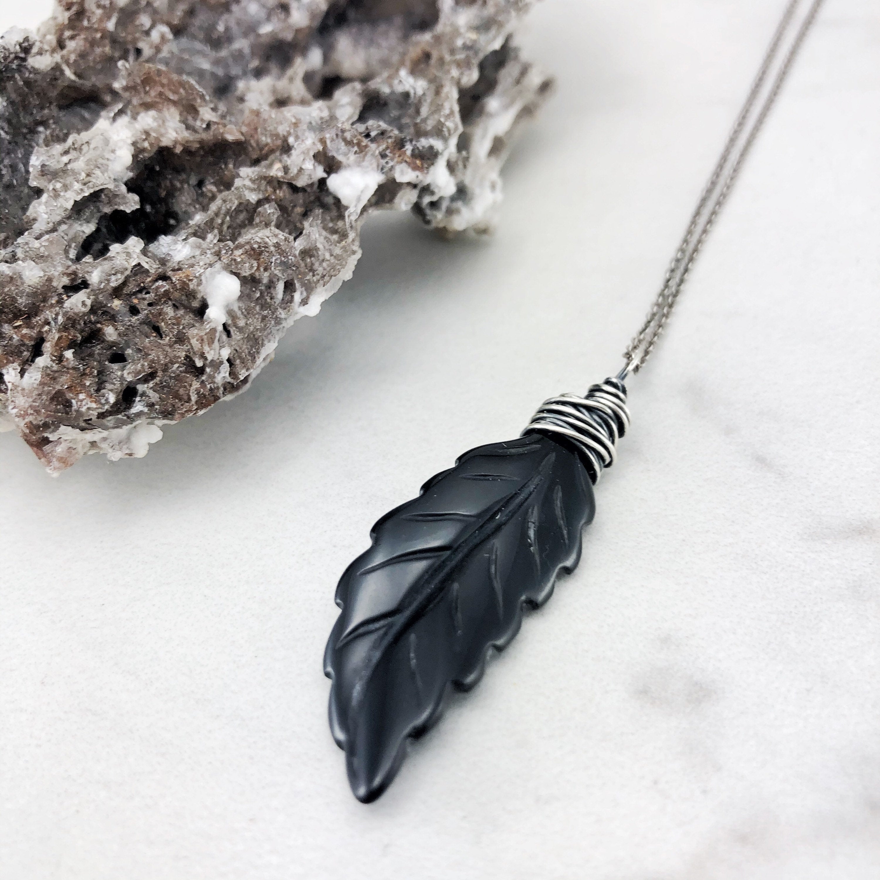 Silver Obsidian Feather Necklace