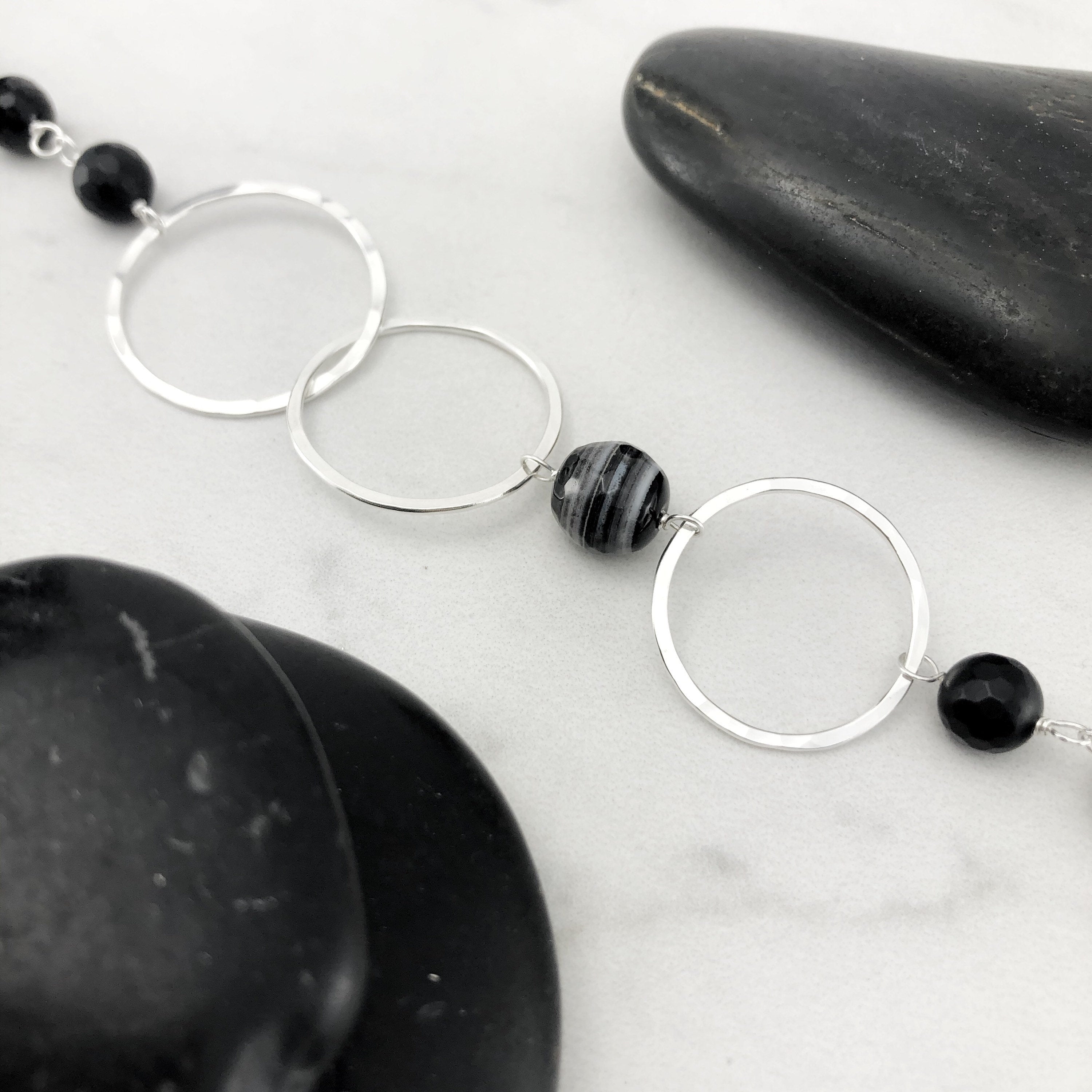 Hammered Sterling Silver Circles Bracelet with Onyx