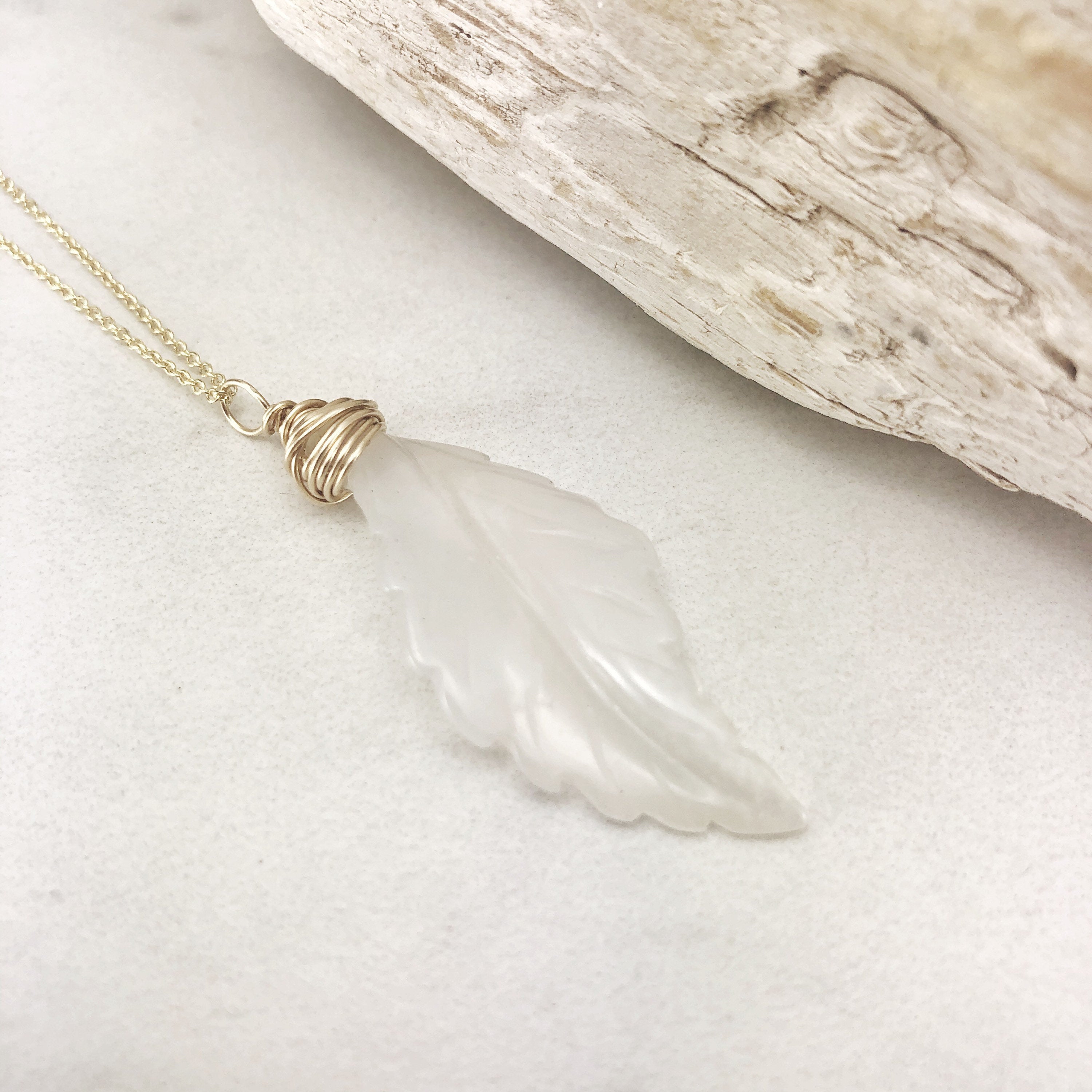 Carved Agate Feather and Gold Necklace
