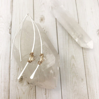 Hammered Silver and Gold Threader Earrings with Herkimer Diamonds | Arc Earrings | Open Hoops | Delicate Earrings | Dainty Open Hoops | Pull Through Earrings | Birthstone Earrings | April Birthstone