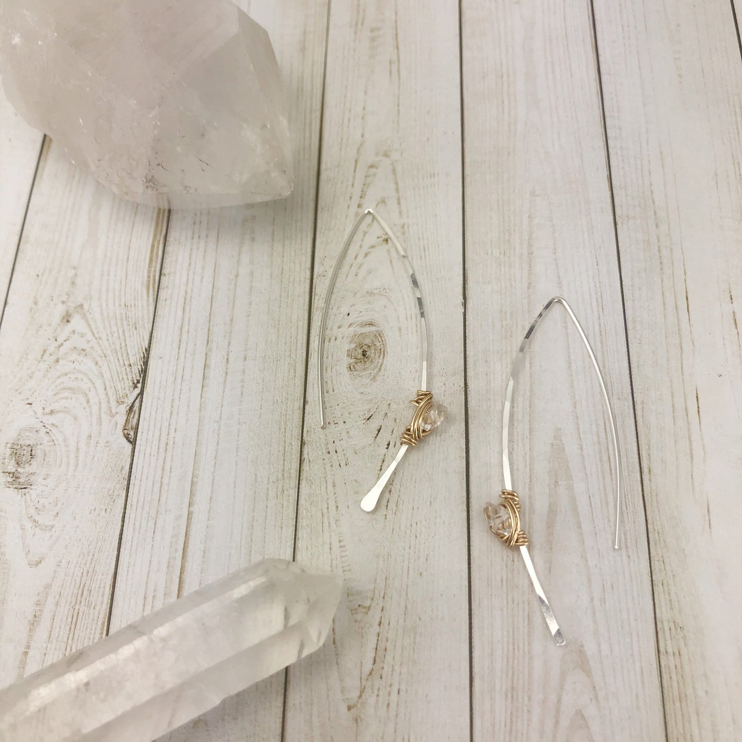 Hammered Silver and Gold Threader Earrings with Herkimer Diamonds | Arc Earrings | Open Hoops | Delicate Earrings | Dainty Open Hoops | Pull Through Earrings | Birthstone Earrings | April Birthstone