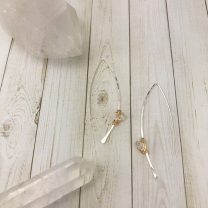 Hammered Silver and Gold Threader Earrings with Herkimer Diamonds | Arc Earrings | Open Hoops | Delicate Earrings | Dainty Open Hoops | Pull Through Earrings | Birthstone Earrings | April Birthstone