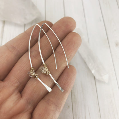 Hammered Silver and Gold Threader Earrings with Herkimer Diamonds | Arc Earrings | Open Hoops | Delicate Earrings | Dainty Open Hoops | Pull Through Earrings | Birthstone Earrings | April Birthstone