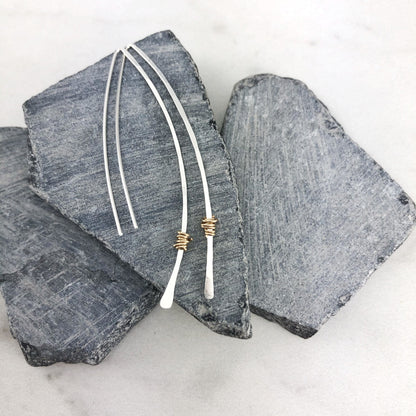 Hammered Sterling Silver and Gold Threader Earrings | Arc Earrings | Open Hoops | Delicate Earrings | Dainty Open Hoops | Pull Through Earrings
