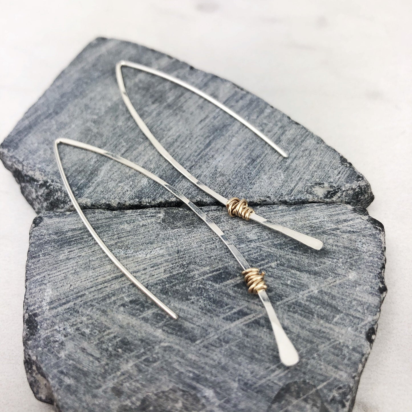 Hammered Sterling Silver and Gold Threader Earrings | Arc Earrings | Open Hoops | Delicate Earrings | Dainty Open Hoops | Pull Through Earrings