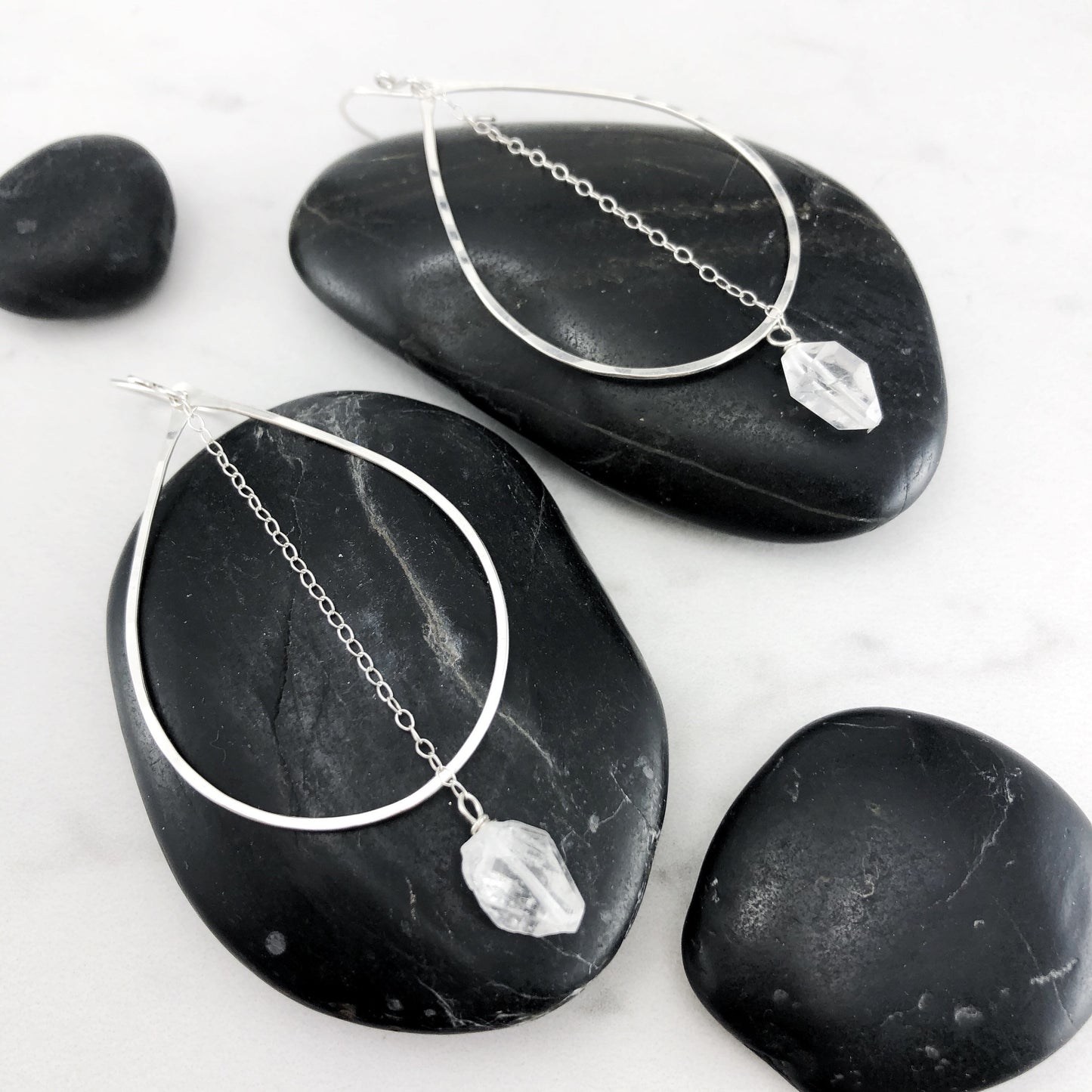 Quartz Silver Teardrop Earrings | Teardrop Earrings | Tibetan Quartz Crystal | Silver Boho Hoops | Geometric Earrings | Statement Earrings | Open Teardrop Hoops