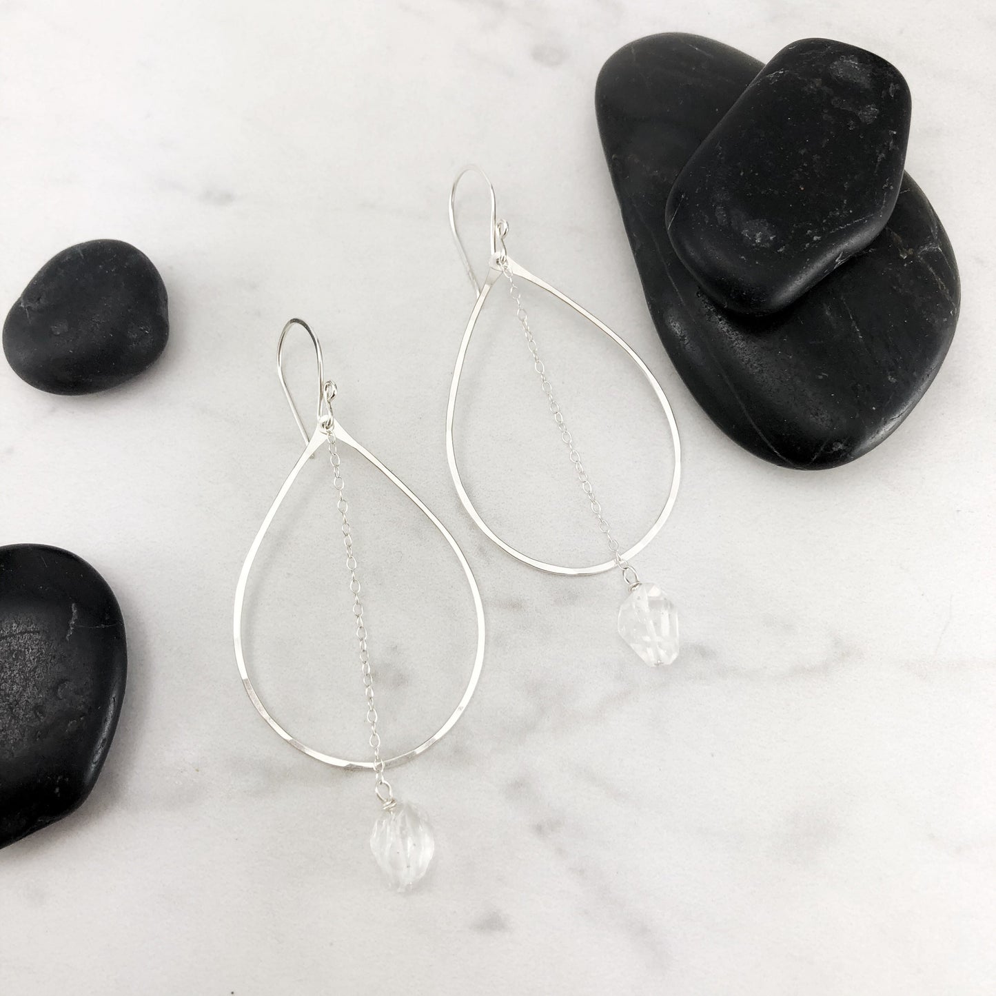Quartz Silver Teardrop Earrings | Teardrop Earrings | Tibetan Quartz Crystal | Silver Boho Hoops | Geometric Earrings | Statement Earrings | Open Teardrop Hoops