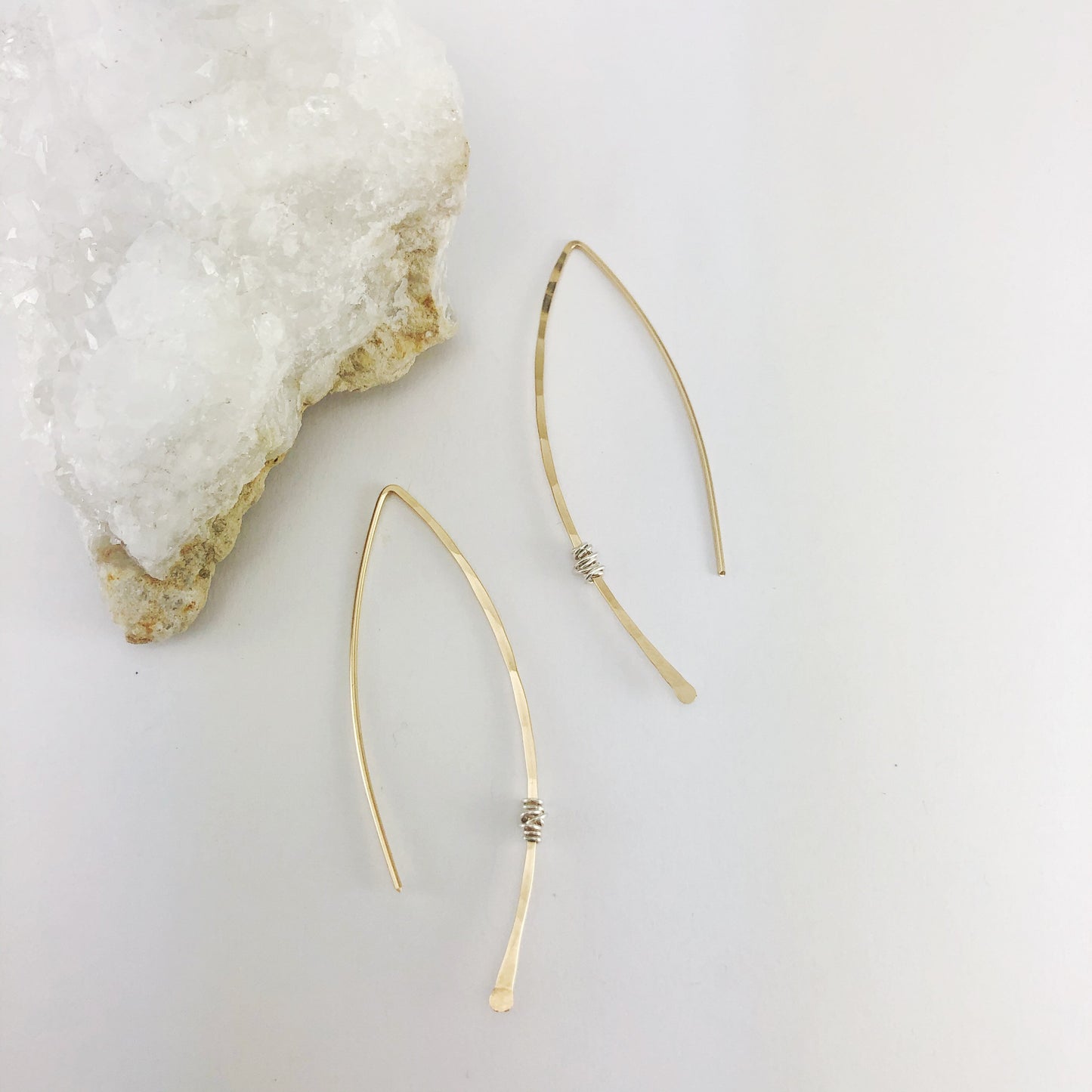 Hammered Gold and Sterling Silver Threader Earring | Arc Earrings | Open Hoops | Delicate Earrings | Dainty Open Hoops | Pull Through Earrings