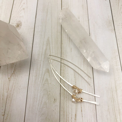 Hammered Silver and Gold Threader Earrings with Herkimer Diamonds | Arc Earrings | Open Hoops | Delicate Earrings | Dainty Open Hoops | Pull Through Earrings | Birthstone Earrings | April Birthstone