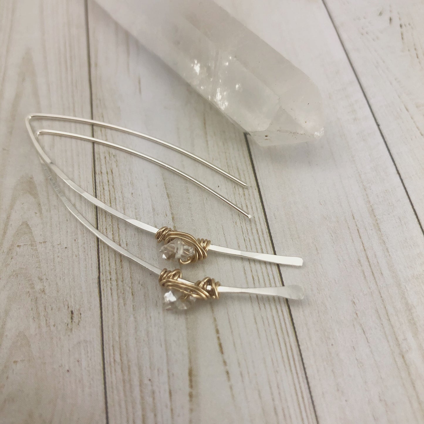 Hammered Silver and Gold Threader Earrings with Herkimer Diamonds | Arc Earrings | Open Hoops | Delicate Earrings | Dainty Open Hoops | Pull Through Earrings | Birthstone Earrings | April Birthstone