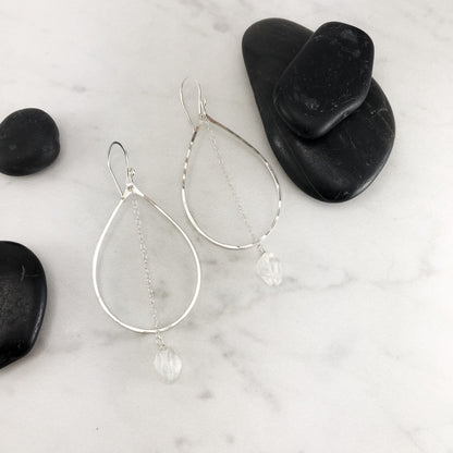 Quartz Silver Teardrop Earrings | Teardrop Earrings | Tibetan Quartz Crystal | Silver Boho Hoops | Geometric Earrings | Statement Earrings | Open Teardrop Hoops