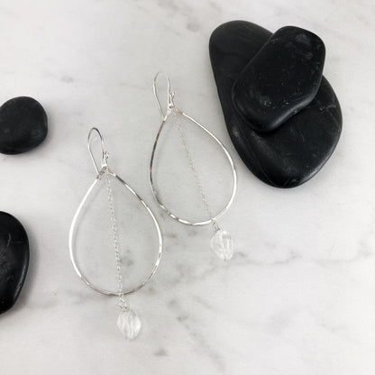 Quartz Silver Teardrop Earrings | Teardrop Earrings | Tibetan Quartz Crystal | Silver Boho Hoops | Geometric Earrings | Statement Earrings | Open Teardrop Hoops