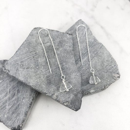 Sterling Silver Quartz Triangle U-bar Threaders | Geometric Earrings | Boho Hoops