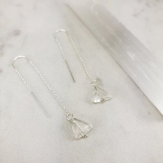 Sterling Silver Quartz Triangle U-bar Threaders | Geometric Earrings | Boho Hoops