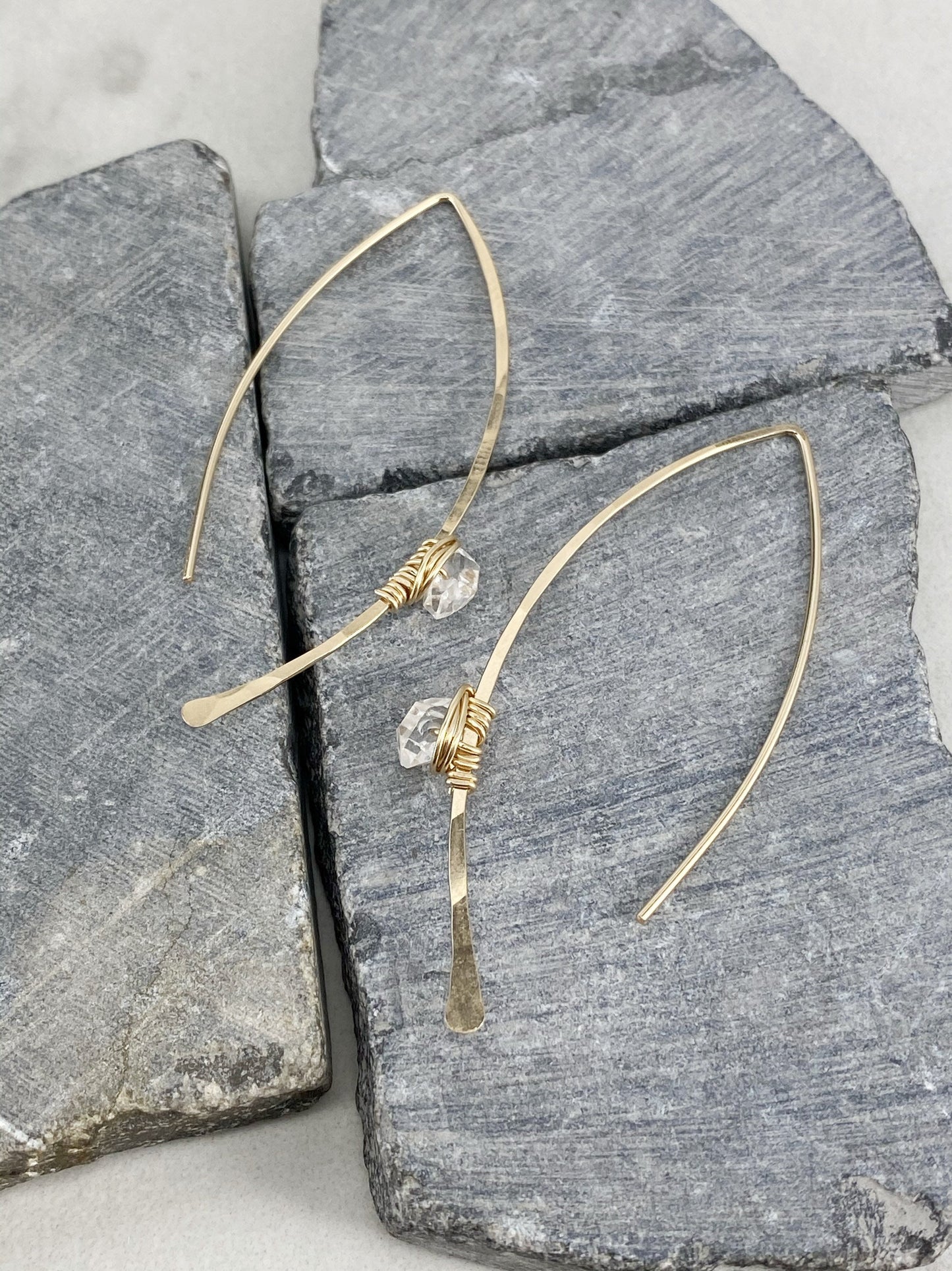 Hammered Gold Threader Earrings with Herkimer Diamonds, minimalist earrings, delicate earrings, gold earrings, open hoops