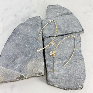 Hammered Gold Threader Earrings with Herkimer Diamonds, minimalist earrings, delicate earrings, gold earrings, open hoops