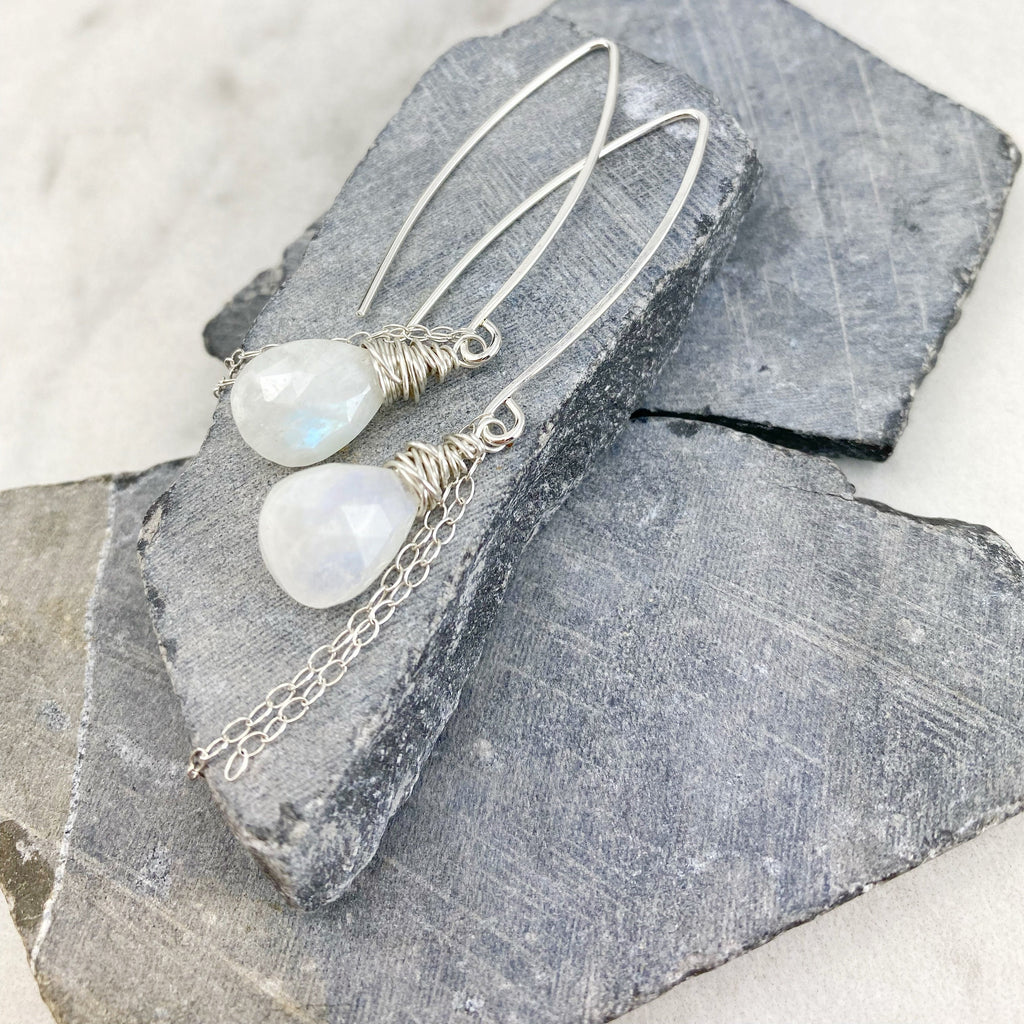 Silver Rainbow Moonstone Earrings | Silver Boho Earrings | Dainty Earrings | Teardrop Earrings | Rainbow Moonstone Drop Earrings | Gemstone Earrings