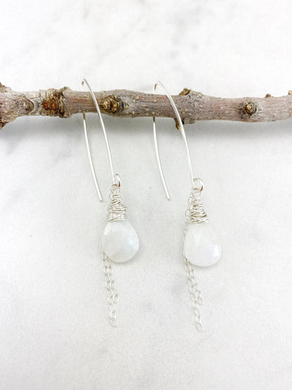 Silver Rainbow Moonstone Earrings | Silver Boho Earrings | Dainty Earrings | Teardrop Earrings | Rainbow Moonstone Drop Earrings | Gemstone Earrings