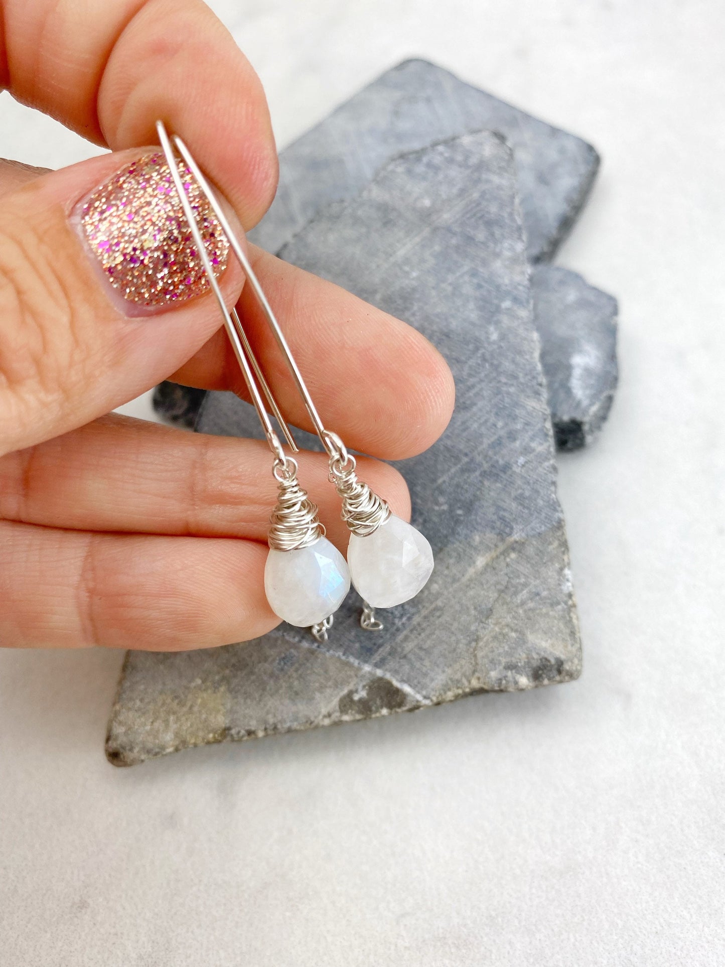 Silver Rainbow Moonstone Earrings | Silver Boho Earrings | Dainty Earrings | Teardrop Earrings | Rainbow Moonstone Drop Earrings | Gemstone Earrings