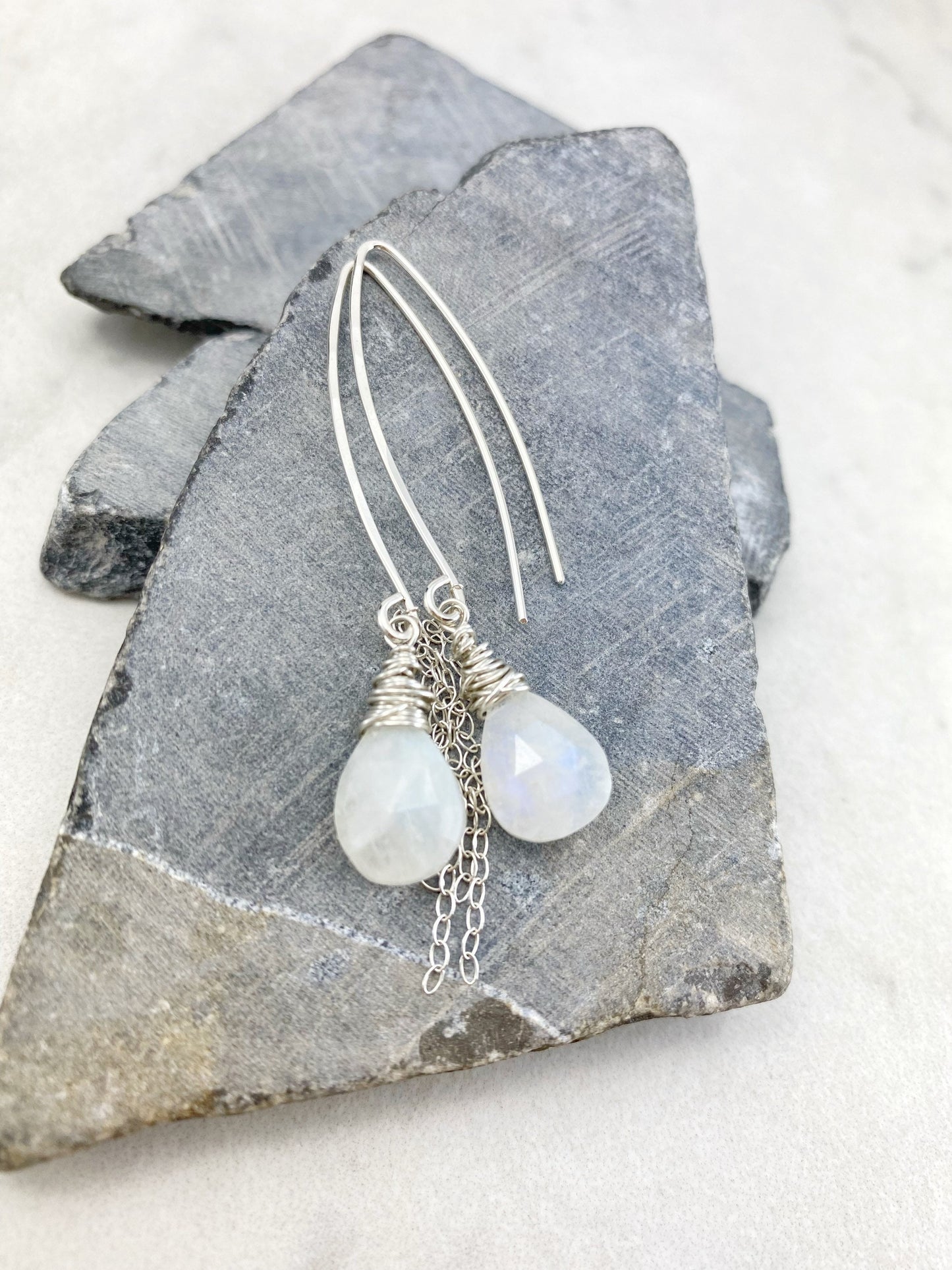 Silver Rainbow Moonstone Earrings | Silver Boho Earrings | Dainty Earrings | Teardrop Earrings | Rainbow Moonstone Drop Earrings | Gemstone Earrings