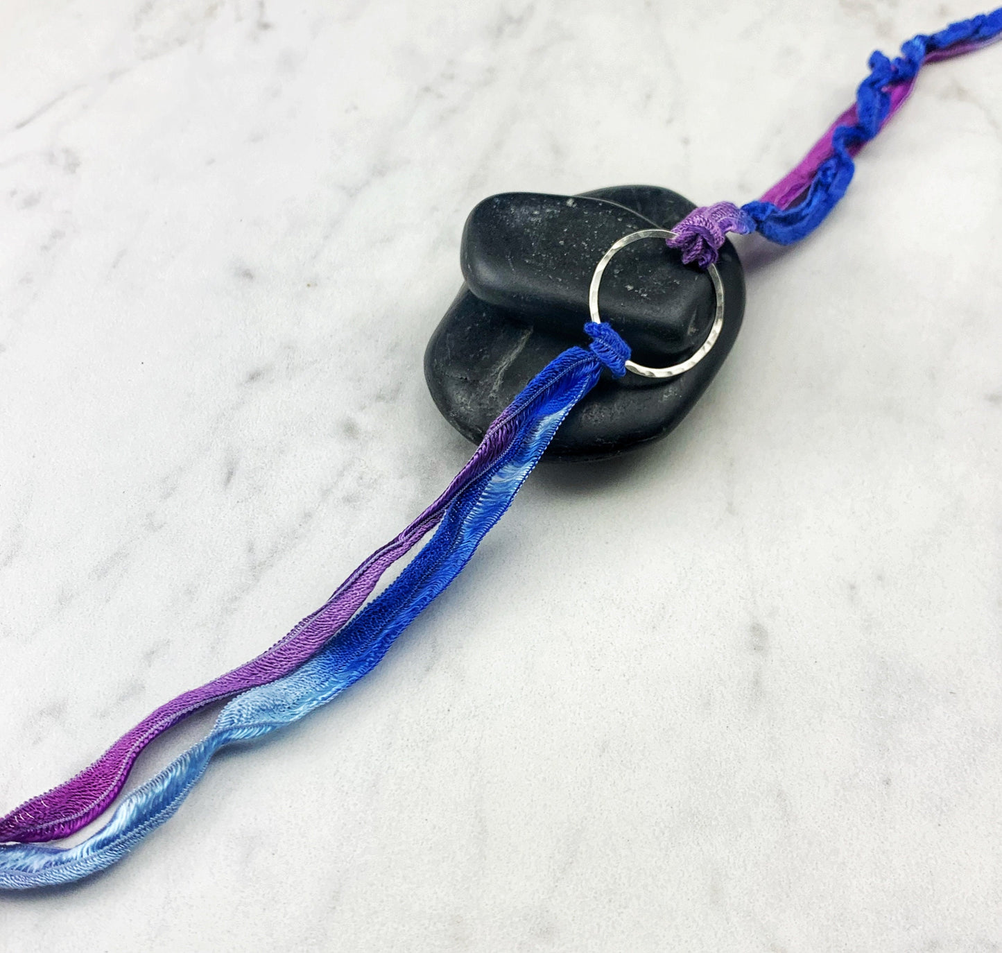 Sterling Silver Karma Bracelet, purple/blue silk, friendship bracelet, eternity ring, silver circle bracelet, dainty bracelet, hoop bracelet