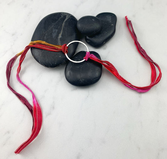 Sterling Silver Karma Bracelet, red silk, friendship bracelet, eternity ring, silver circle bracelet, dainty bracelet, hoop bracelet