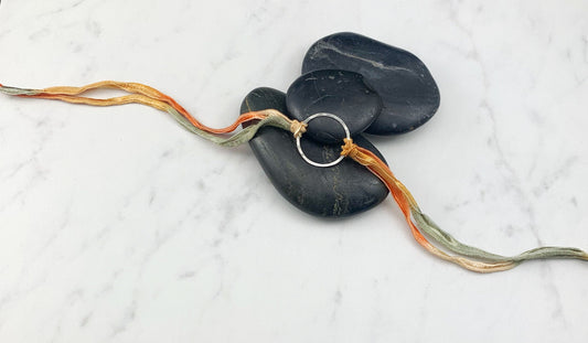 Sterling Silver Karma Bracelet, orange/gray silk, friendship bracelet, eternity ring, silver circle bracelet, dainty bracelet, hoop bracelet