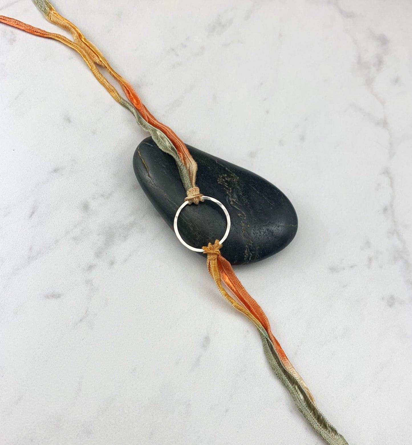 Sterling Silver Karma Bracelet, orange/gray silk, friendship bracelet, eternity ring, silver circle bracelet, dainty bracelet, hoop bracelet
