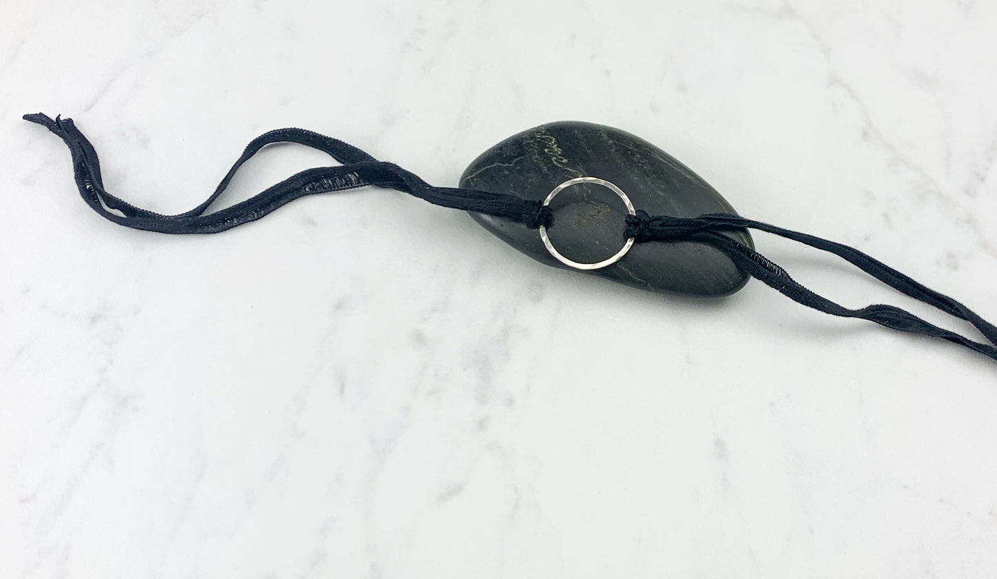 Sterling Silver Karma Bracelet, black silk, friendship bracelet, eternity ring, silver circle bracelet, dainty bracelet, hoop bracelet