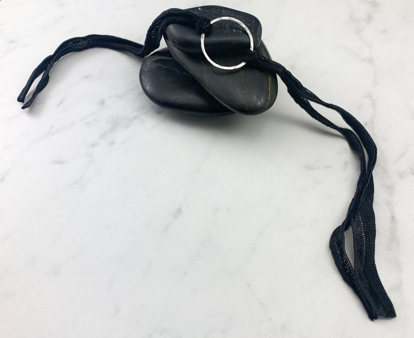 Sterling Silver Karma Bracelet, black silk, friendship bracelet, eternity ring, silver circle bracelet, dainty bracelet, hoop bracelet