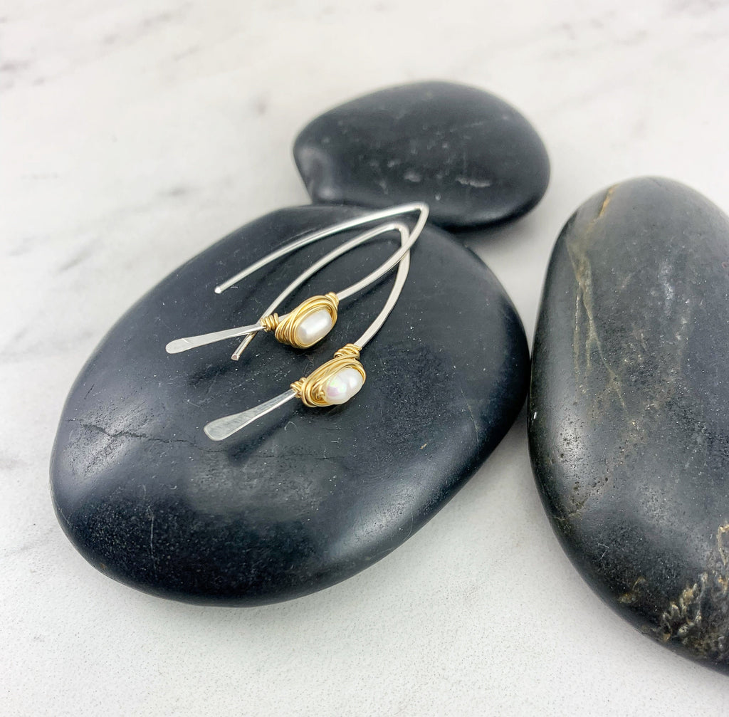 Silver Boho Threader Earrings with pearl, gold wrapped, threaders, minimalist earrings, dainty earrings, open hoops, wire wrapping