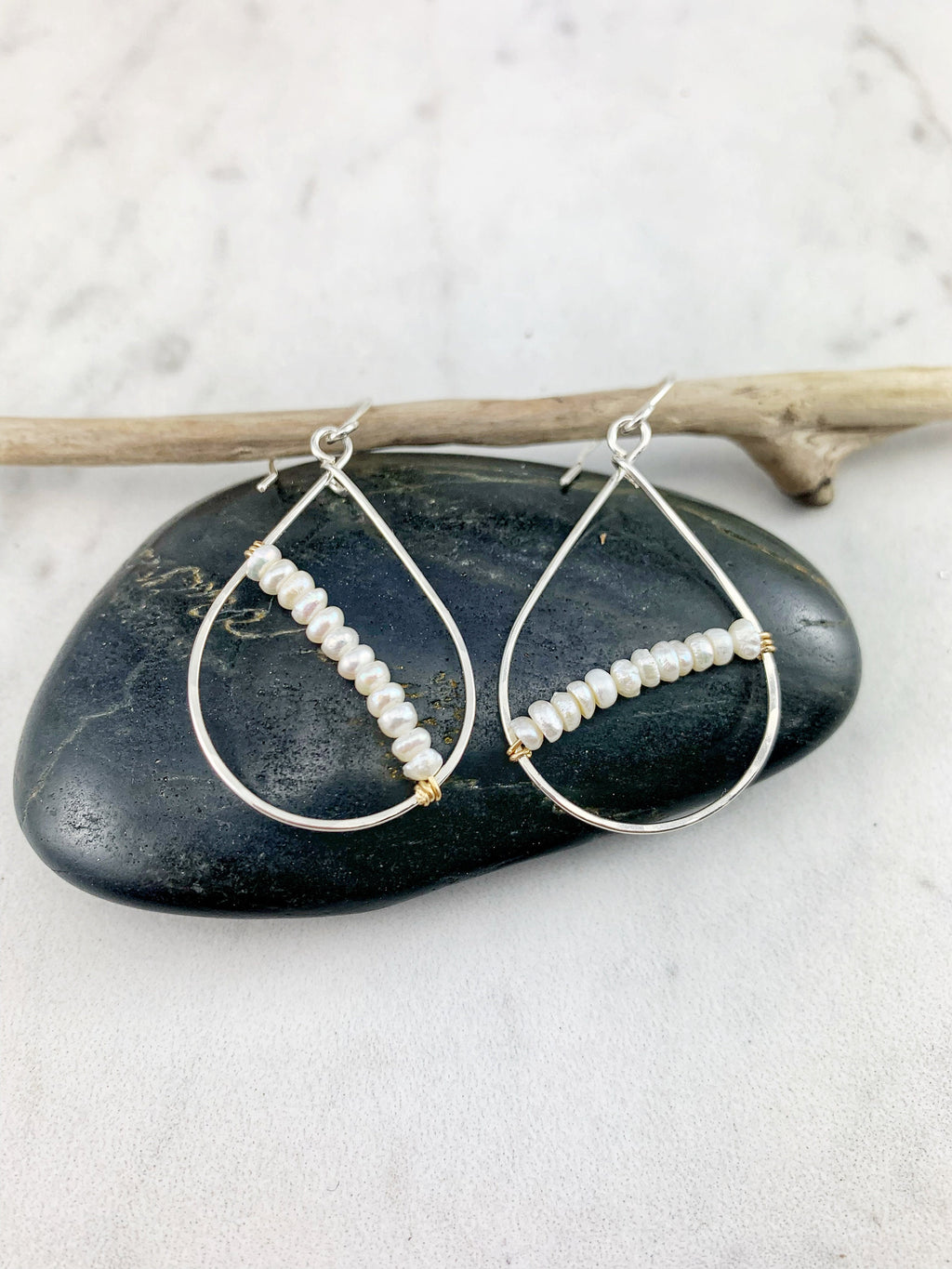 Silver Pearl Teardrop Earrings | Teardrop Hoops | Geometric Earrings | Minimalist Earrings | Birthstone Earrings | June Birthstone | Pearl Jewelry