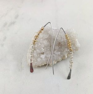 Silver Hammered Mixed Metal Boho Threader Earrings, wire wrapped, delicate earrings, mixed metal, open hoops, silver gold earrings