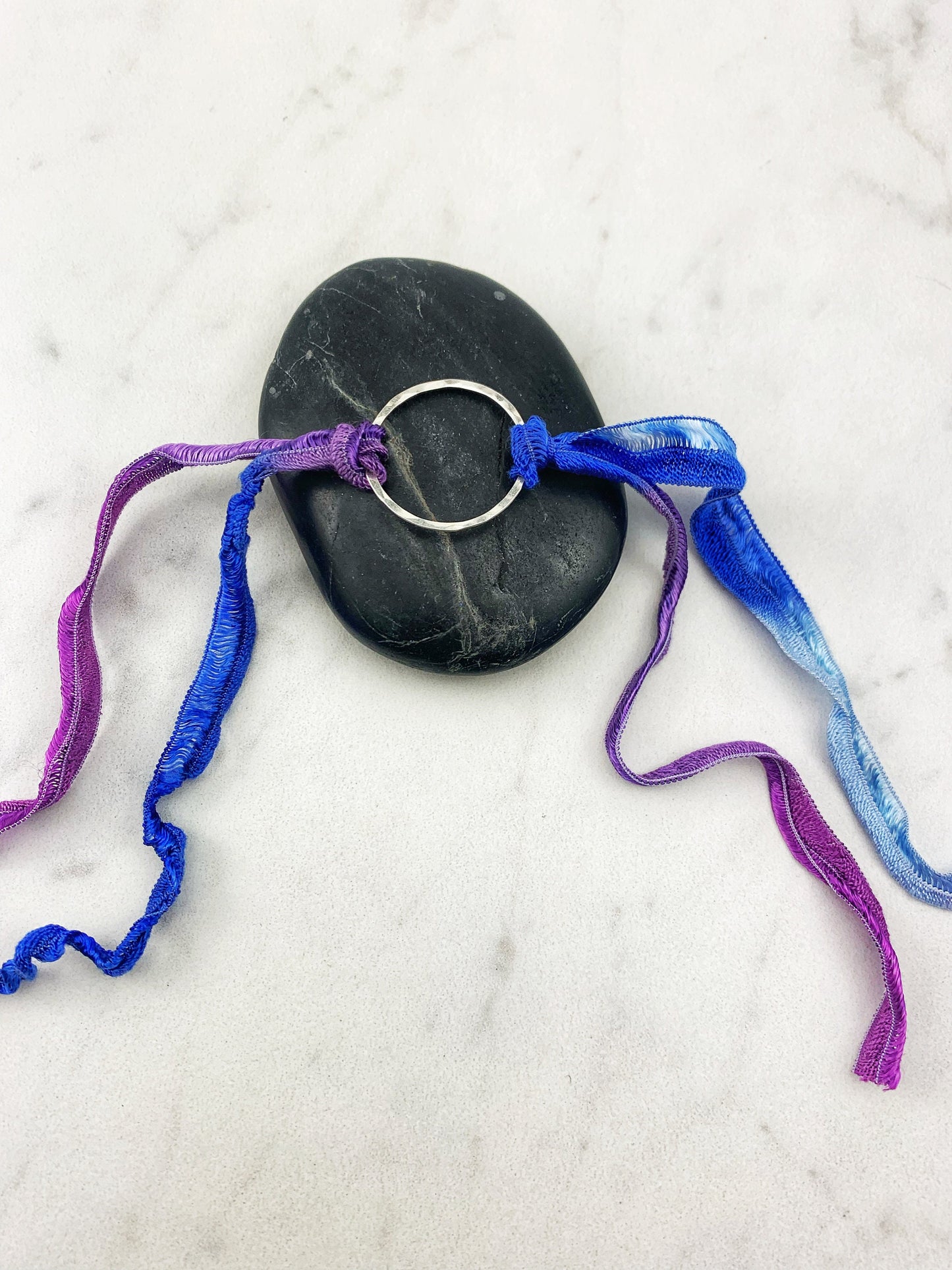 Sterling Silver Karma Bracelet, purple/blue silk, friendship bracelet, eternity ring, silver circle bracelet, dainty bracelet, hoop bracelet