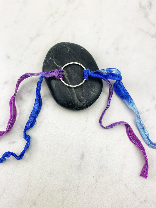 Sterling Silver Karma Bracelet, purple/blue silk, friendship bracelet, eternity ring, silver circle bracelet, dainty bracelet, hoop bracelet