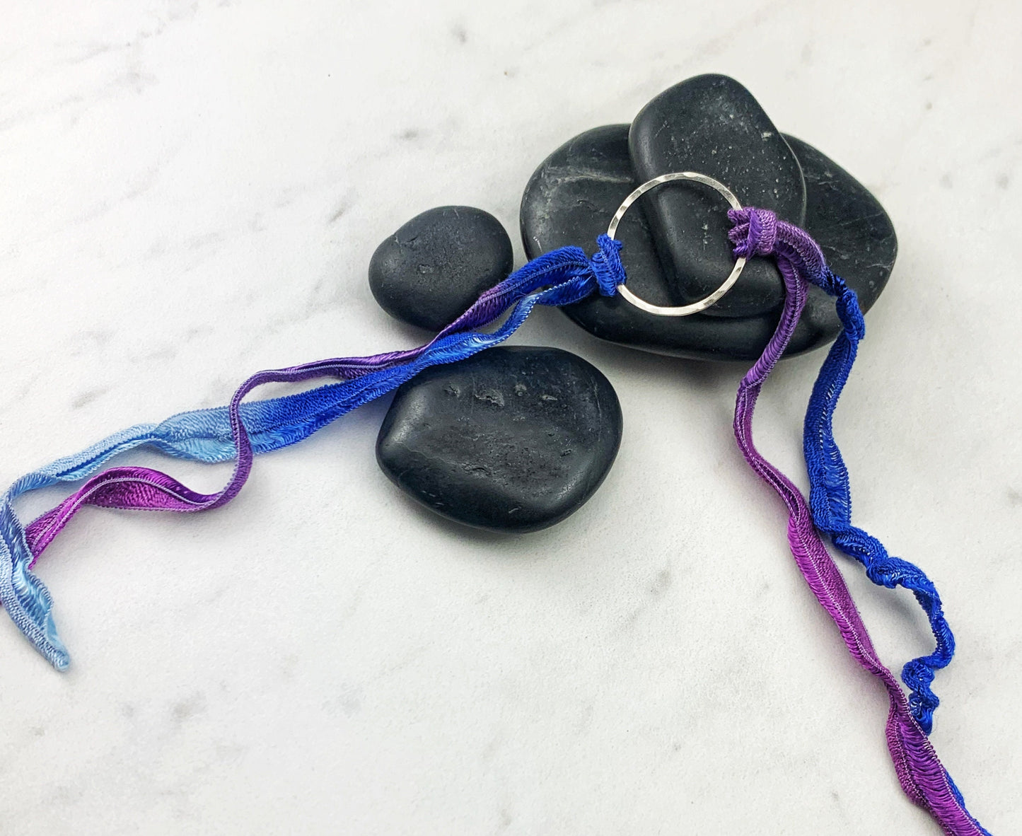 Sterling Silver Karma Bracelet, purple/blue silk, friendship bracelet, eternity ring, silver circle bracelet, dainty bracelet, hoop bracelet