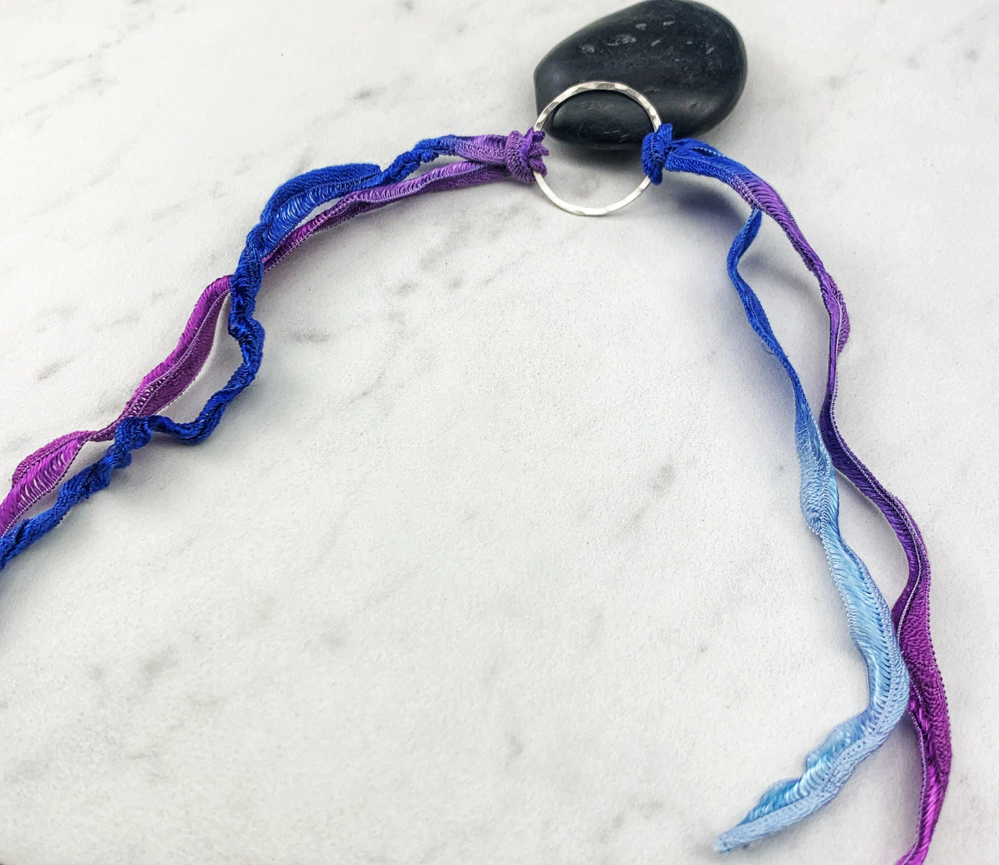 Sterling Silver Karma Bracelet, purple/blue silk, friendship bracelet, eternity ring, silver circle bracelet, dainty bracelet, hoop bracelet