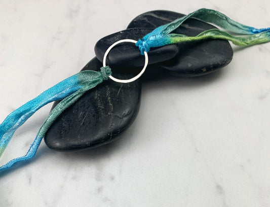 Sterling Silver Karma Bracelet, blue/green silk, friendship bracelet, eternity ring, silver circle bracelet, dainty bracelet, hoop bracelet